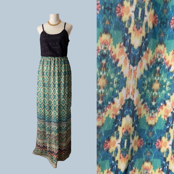 As U Wish Blue Teal Yellow Green Maxi Sundress Long Dress - Picture 1 of 11